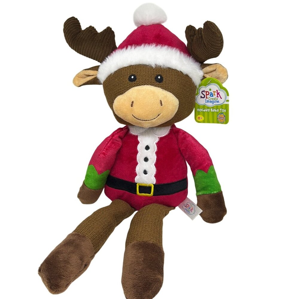 NWT Spark Create Imagine Santa Moose Baby Plush Soft Knit Rattle Toy Christmas